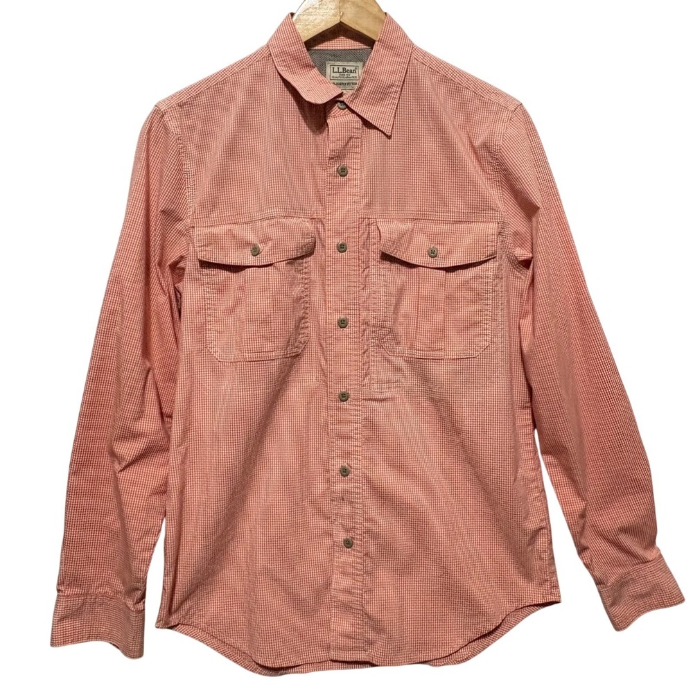 LL Bean Mens Button Front Shirt S Red Gingham Coolmax Outdoor Rugged Utility